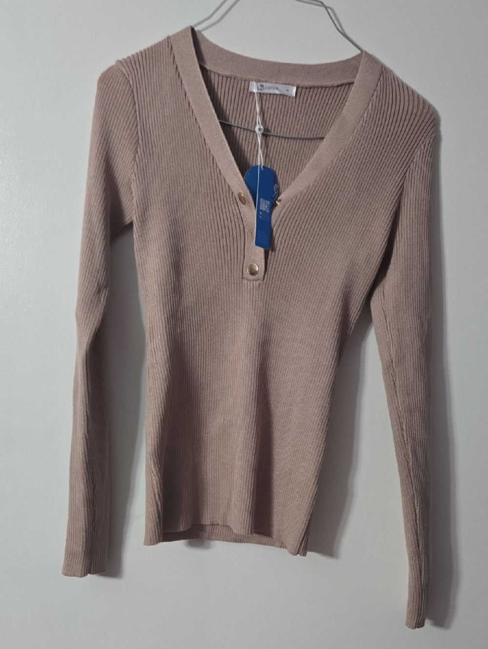 Cupshe Taupe Ribbed V-Neck Sweater with Button Placket